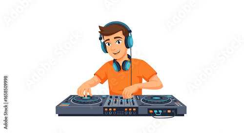 Cartoon dj with headphones operating a mixing console and wearing an orange shirt in a vibrant illustration on transparent background