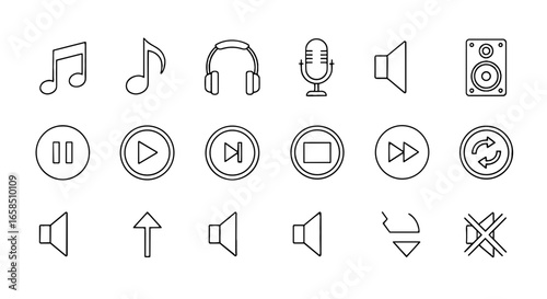 Illustration of music and audio related icons including notes headphones microphone and speaker in black outline on transparent background