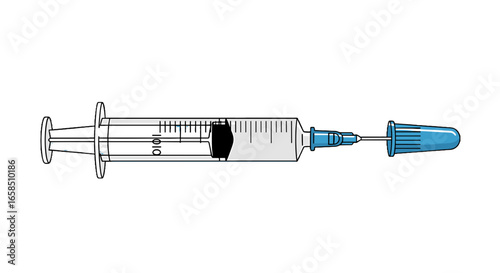 Illustration of a syringe with a blue cap, needle, and plunger, used for medical injections and vaccines on transparent background