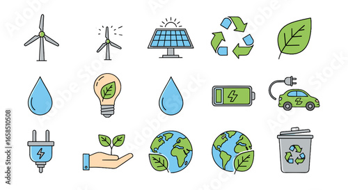 Illustration showing elements of green energy including wind turbines solar panel and recycling symbol icons on transparent background