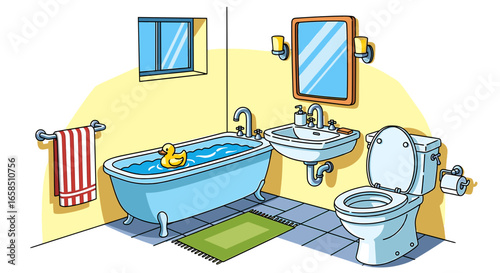 Illustration of a bathroom with a bathtub, sink, toilet, and a yellow rubber ducky in the tub water on transparent background