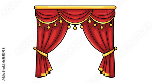 Illustration of red stage curtains with gold trim and tassels hanging from a golden rod above them on transparent background