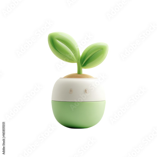 Cute cartoon plant in a pot.  Small, round, light green pot with a white top.