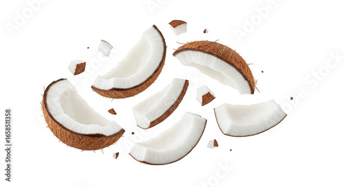 Fresh coconut chunks scattered on a deep dark surface ready for tropical delights transparent background