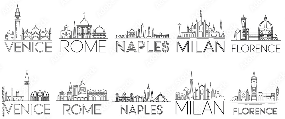 Fototapeta premium Elegant Line Art Cityscapes Italian Landmarks Venice Rome Naples Milan and Florence Minimalist Architectural Designs and Typography