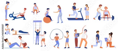 Diverse group of young adults engaging in various fitness activities under the guidance of trainer, including stretching exercises, lifting dumbbells and performing other dynamic workouts.