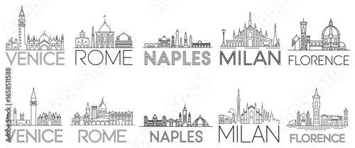 Elegant Line Art Cityscapes Italian Landmarks Venice Rome Naples Milan and Florence Minimalist Architectural Designs and Typography
