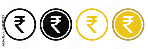 Indian Rupee Currency Coin Icons Set – Vector Money Symbol Collection in Gold, Black and White