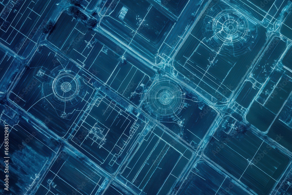 Obraz premium Blueprint-style layout of autonomous irrigation drones mapping large-scale agricultural fields, white background.