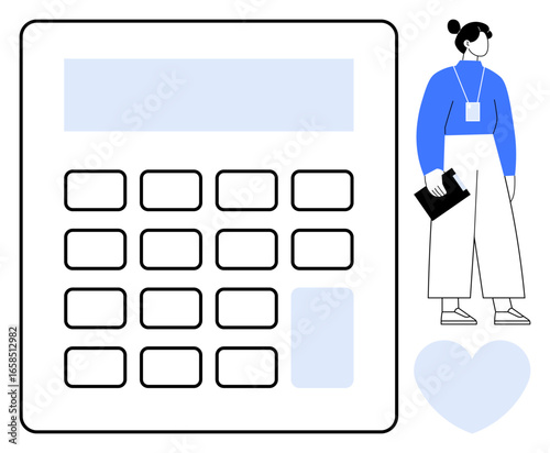 Businesswoman holding clipboard beside oversized calculator and heart icon. Ideal for finance, accounting, budgeting, planning, professional services, teamwork, and motivation. Simple flat metaphor