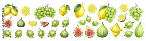 Vibrant assortment of fresh fruit, including lemons, grapes, and figs on a dark background.