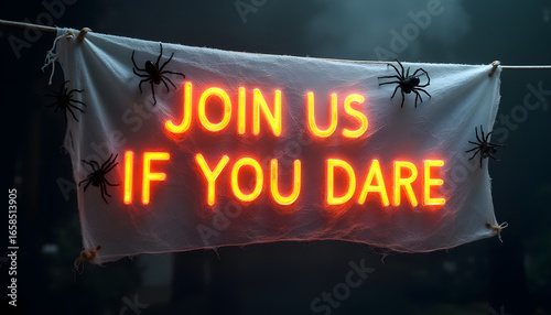 Eerie Halloween Banner with Ghostly Glow and Spiderwebs, Perfect for Spooky Events, Fright Night, and Haunted House Decorations
