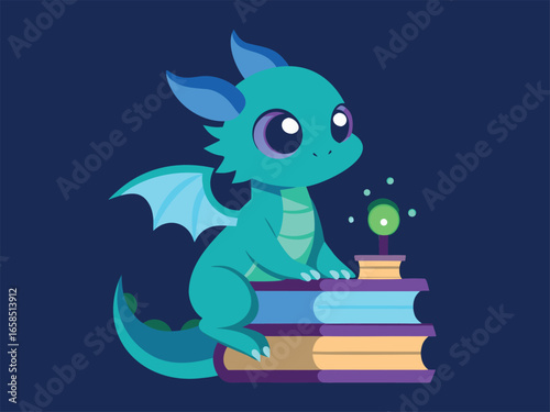 Cute cartoon dragon with books. Vector illustration in a flat style