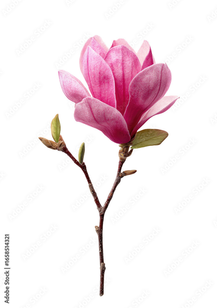 Fototapeta premium Pink magnolia blossom on stem against black