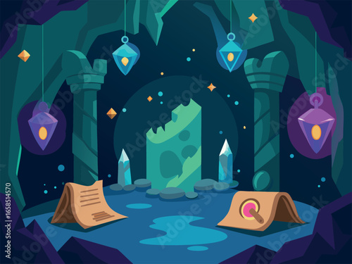 Magic cave with crystal and magic potion. Vector illustration in cartoon style