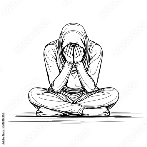 A hand-drawn symbolic illustration of a woman suffering from depression and anxiety. This is a vector illustration suitable for sensitive topics such as stress, loneliness, and personal struggles.
