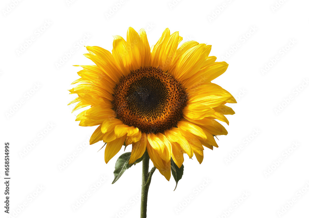 Obraz premium Close-up of a vibrant sunflower against a black background. Bright yellow petals surround a dark brown central disc. Green leaves are visible at the stem base