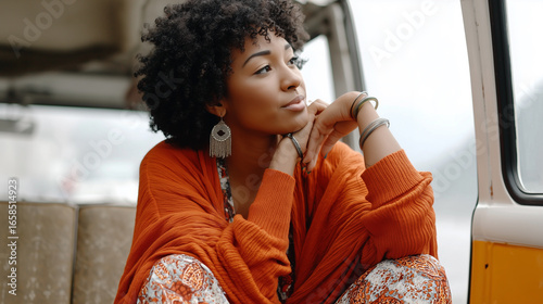 Thoughtful black woman in a vibrant orange outfit sitting inside a vintage van, enjoying a peaceful travel moment.
