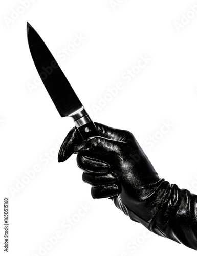 A hand in a black leather glove holds a sharp kitchen knife