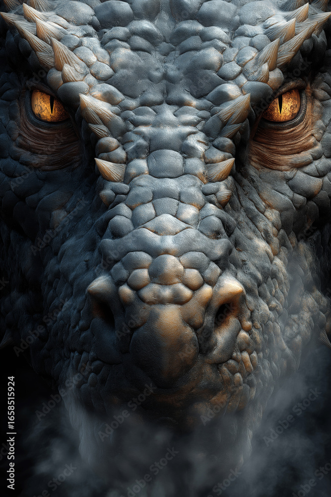 Fototapeta premium Close-up vertical portrait of a dragon's face with glowing amber eyes, detailed scale texture and steam rising from its nostrils, intense and mystical look,.