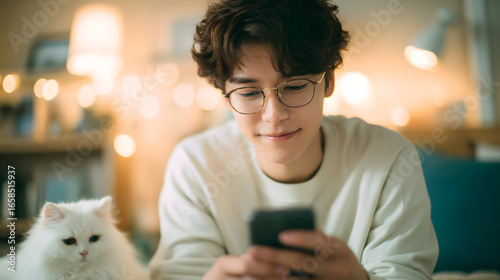 Young man relaxing with his pet cat while using a smartphone in a cozy living room.