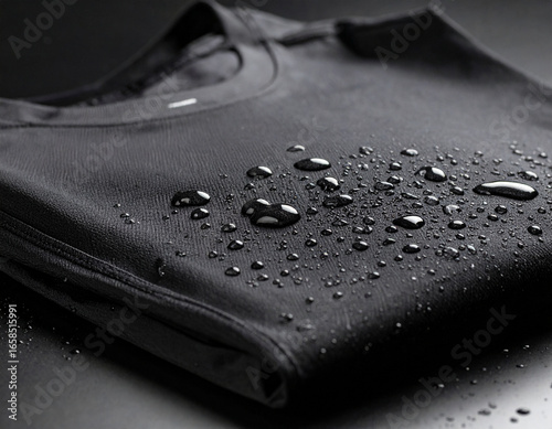 Water droplets on black t-shirt, hydrophobic fabric close-up, dark background.