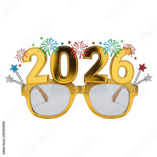 Golden 2026 glasses with fireworks isolated on transparent background for new year