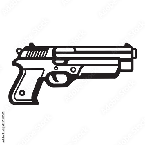 Black and white outline illustration of a handgun firearms weapon silhouette design concept