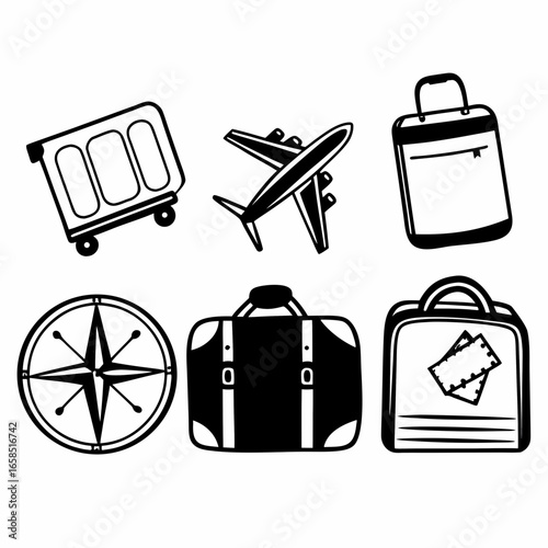 Travel icons set featuring luggage, airplane, compass, and other travel related symbols isolated on white background
