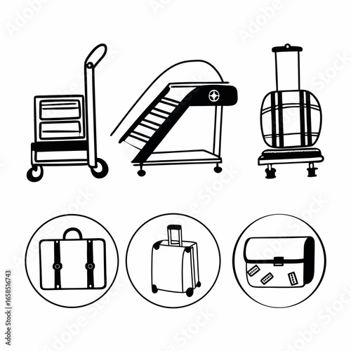 Airport luggage and baggage icons isolated on white background featuring suitcases, carts, and stairs
