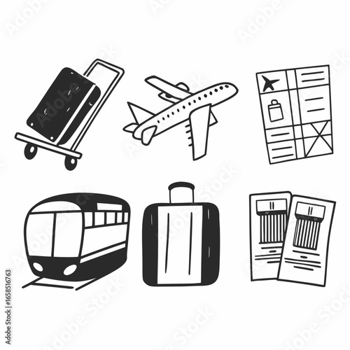 Travel icons set featuring luggage, airplane, train, and other travel related symbols isolated on white background