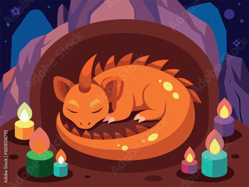Cute cartoon dragon sleeping in a cave. Vector illustration of a dragon in a cave.