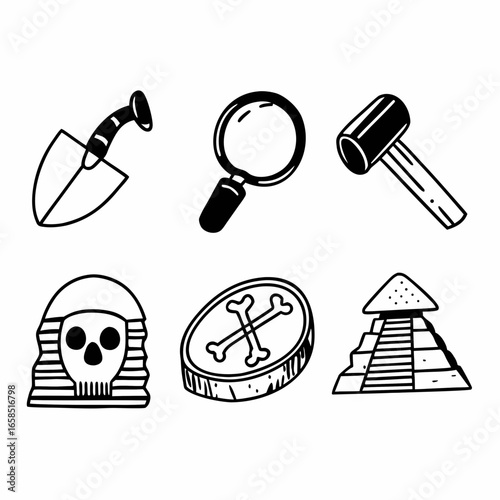 Archaeology and ancient civilization icons isolated on white background, representing history and discovery