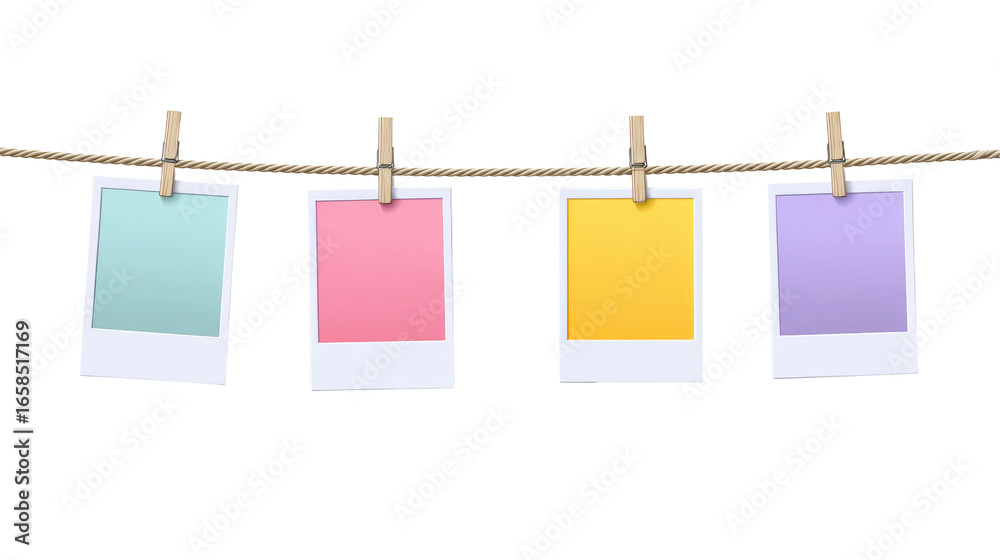 Four Instant Photo Frames Hanging on Rope isolated on transparent background Remove png, Clipping Path, pen tool Four Instant Photo Frames Hanging on Rope isolated on transparent background Remove png, Clipping Path, pen tool