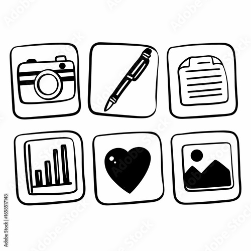 Social media marketing and communication icon set with camera, pen, paper isolated on white background