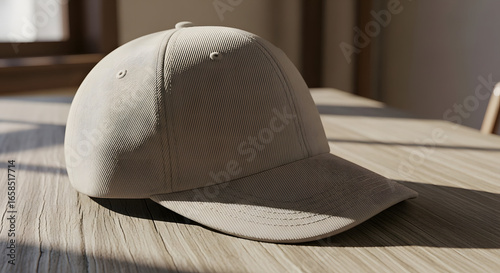Stylish Cap on Table, Indoor Setting, Photo, Bright Light, Close-Up View, Fashion Concept