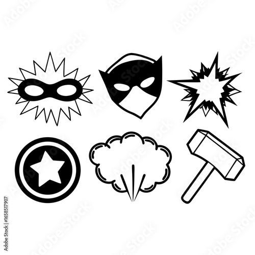 Collection of comic book superhero masks, explosions, stars, shields, clouds, and hammers isolated on white background