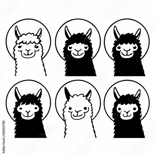 Cute llama alpaca cartoon faces isolated on white background in a simple minimalist style with circle