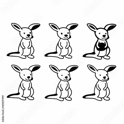 Illustration of six cute kangaroos isolated on white background for design, decoration or print