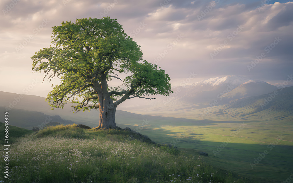 Fototapeta premium Solitary ancient oak tree on a grassy hill overlooking a valley