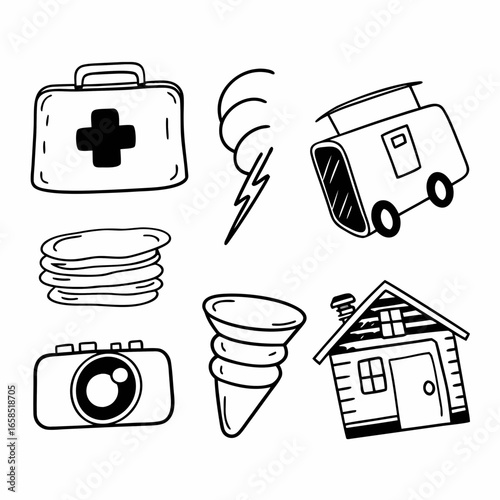 Hand drawn doodle of disaster preparedness kit, tornado, trailer, pancakes, camera, and house isolated on white background