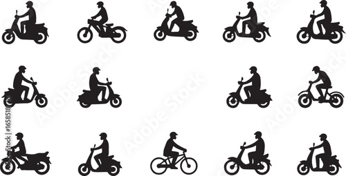 Vector illustrations of cyclists on various bikes, including silhouettes of people racing on a motocross track