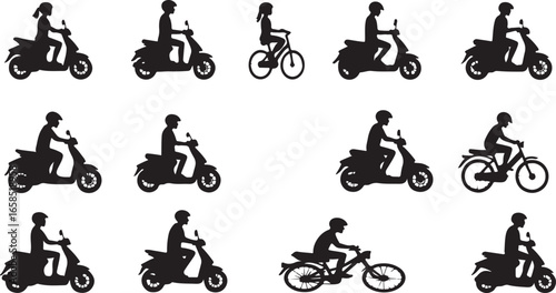 Set of black vector silhouettes of cyclists on bicycles and motorcycles, performing extreme jumps and stunts