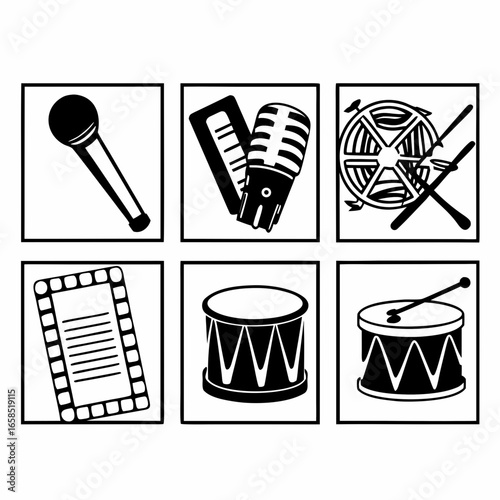 Illustration of microphone, tape reel, and drums isolated on white background