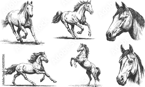 Set illustrations of horse isolated on transparent background. Vector graphics