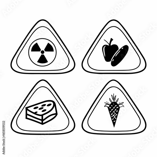 Collection of warning signs for food and radioactivity isolated on white background