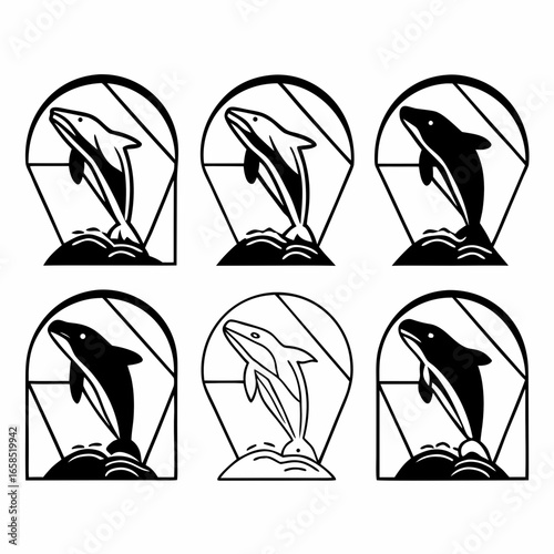 Illustration of six dolphins jumping out of the water with arch isolated on white background