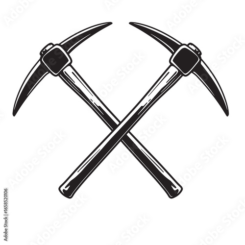 Crossed pickaxes vector illustration depicting mining tools and equipment in monochrome style