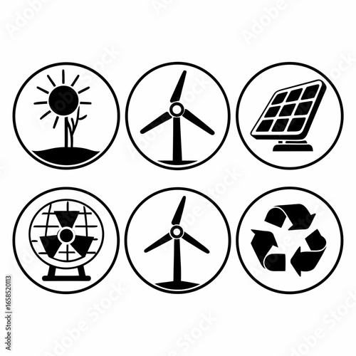 Illustration of renewable energy sources including solar panel, wind turbine, sun and recycle isolated on white background