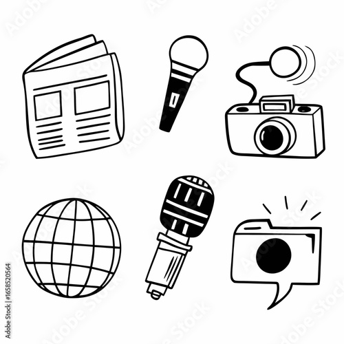 Illustration of news, microphone, camera, globe, media, and press isolated on white background